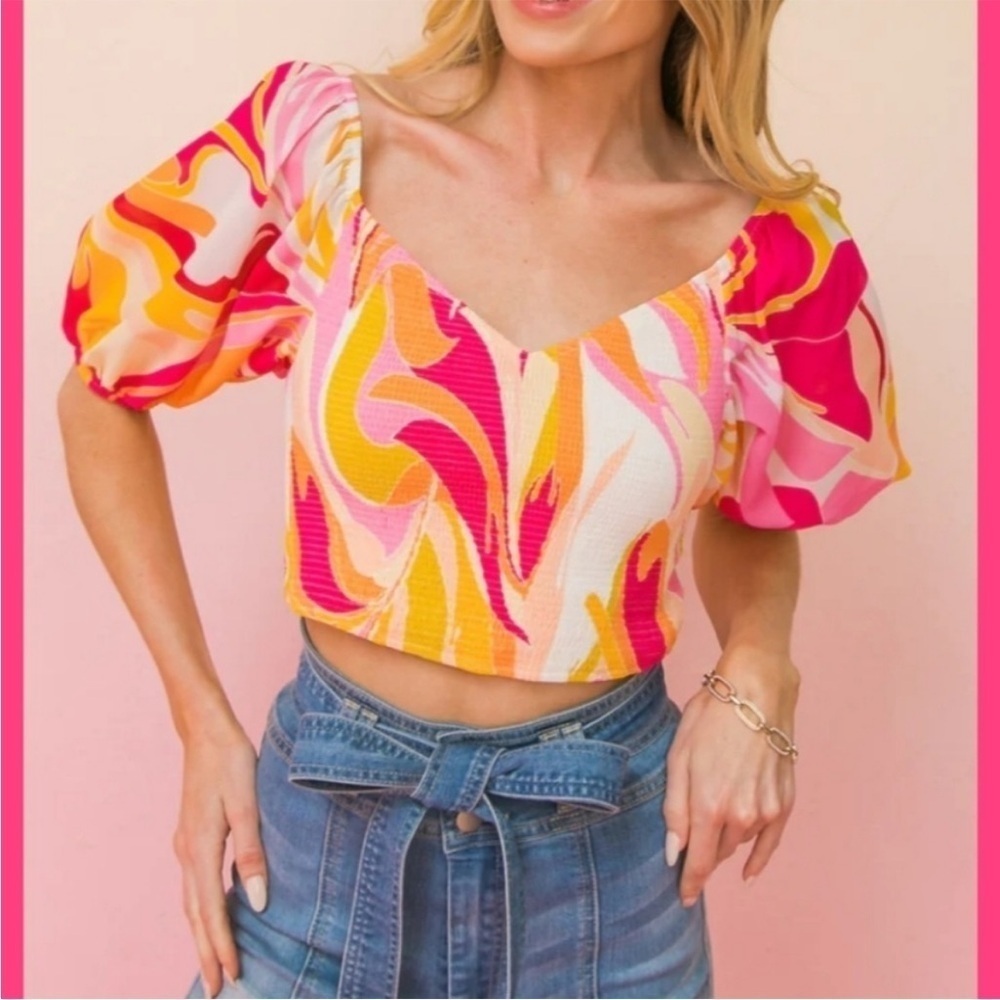 Flying Tomato Multi Color Puff Sleeve Crop Top Large